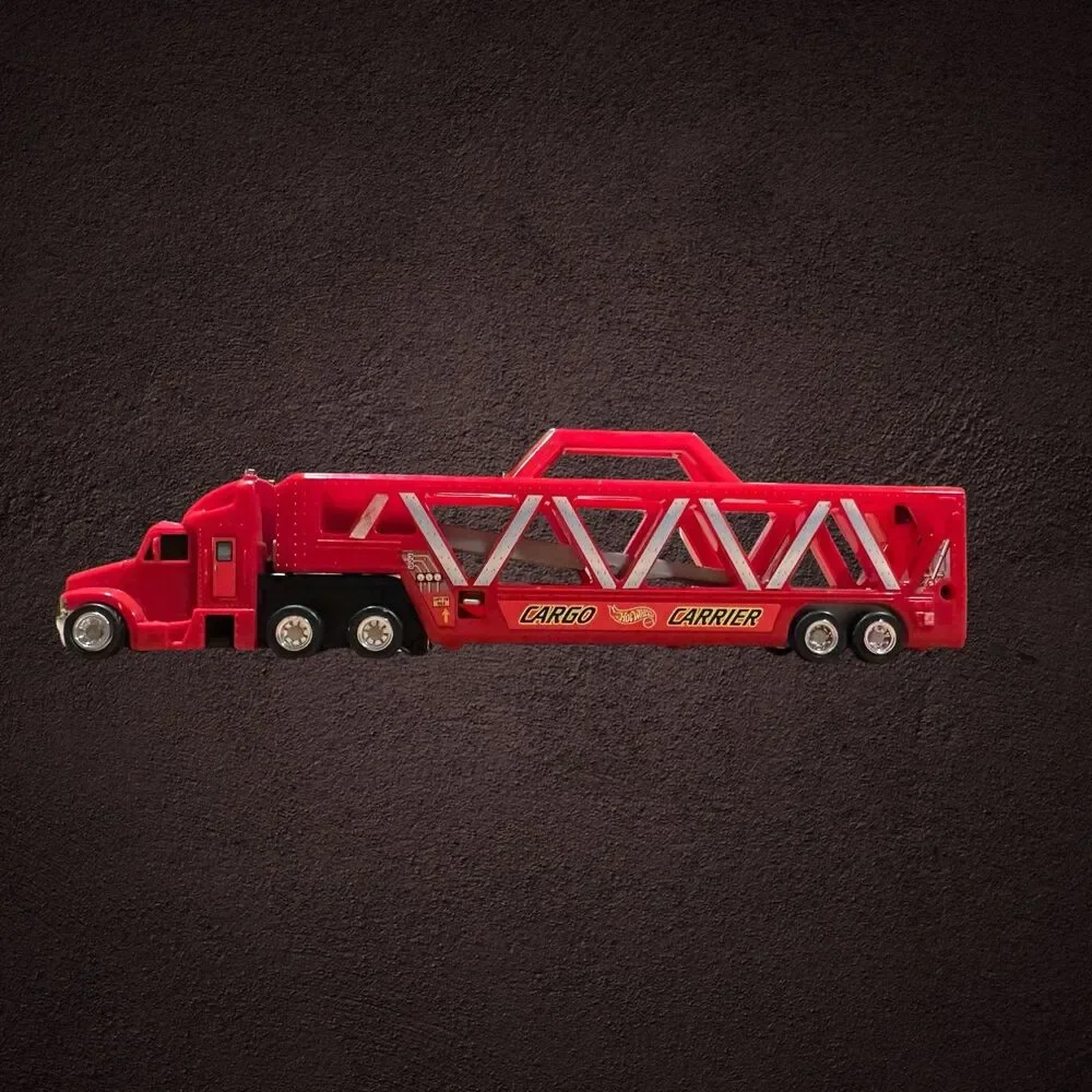 Vintage 1997 Hot Wheels Red Semi Truck and Car Transporter And 5 Cars